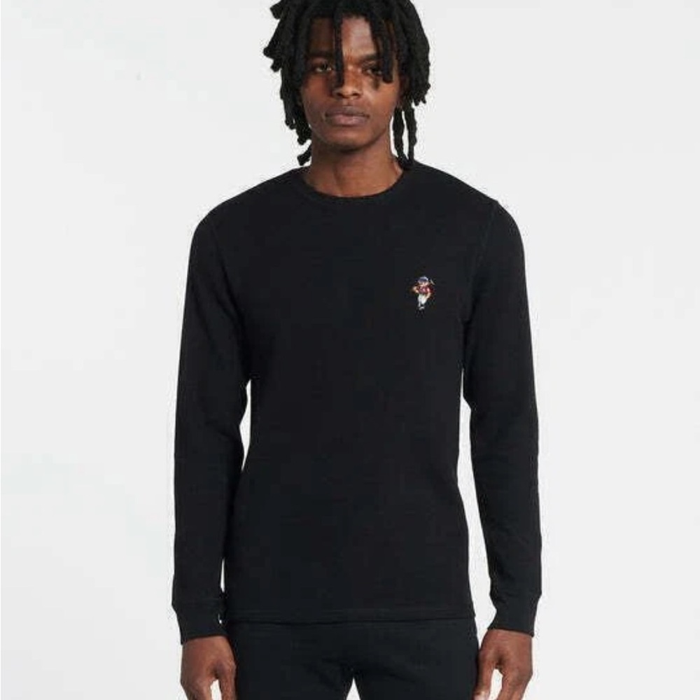Polo Ralph Lauren Black Long Sleeve Knit Shirt with Embroidered Bear Size M